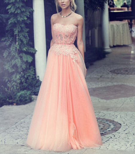 Coral Strapless Appliques Floor-Length Prom Dresses Sweetheart Prom Dresses Chiffon And Tulle Prom Dresses Evening Dresses 
