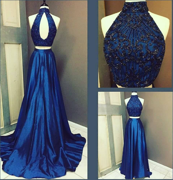 Dark Blue Two Pieces Long Prom Dress, Evening Dress