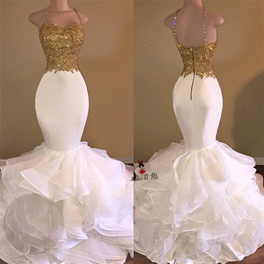Sexy Prom Dresses,long Mermaid White And Gold Prom Dresses,2017 Prom Dresses ,spaghetti Strap Applique Lace Prom Dresses, Ruffles Organza Prom
