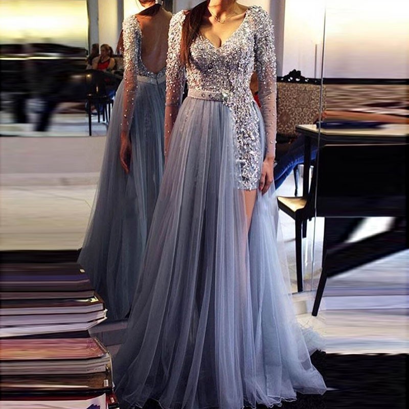 v neck evening dress with sleeves