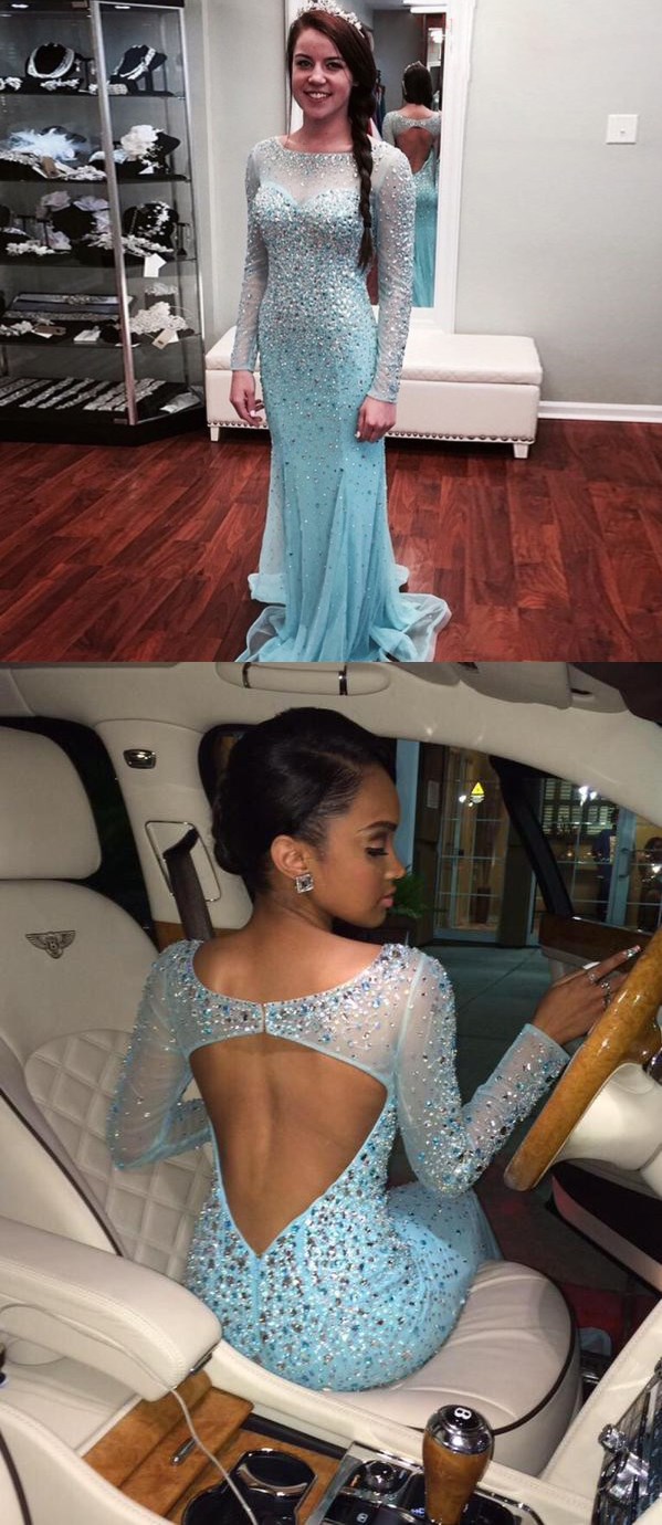 Bling Bling Mermaid Prom Dresses Full Long Sleeve Scoop Luxurious Long Illusion Prom Gowns Plus Size Backless Prom Dress Light Blue Party Dress