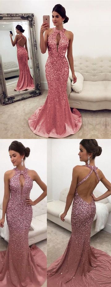 Gold Gorgeous Backless Formal Dress Mermaid Halter Sleeveless Crystals Prom Dress
