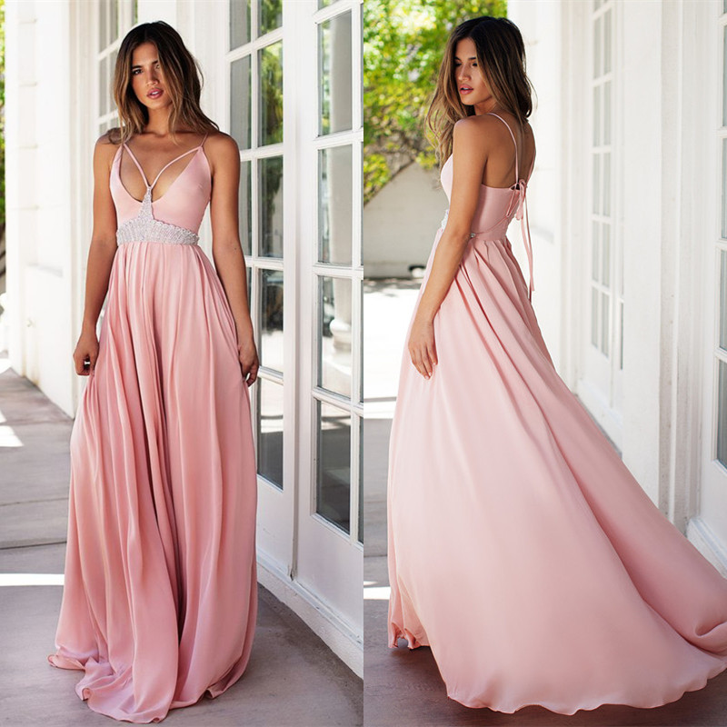 Pink prom dress,A-line sweetheart long prom dress,strap backless prom gown, chiffon beaded evening gowns