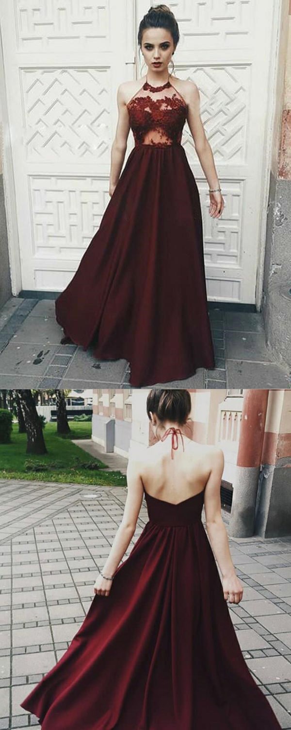 Charming Halter Maroon Chiffon Floor Length Prom Gowns, Beautiful Prom