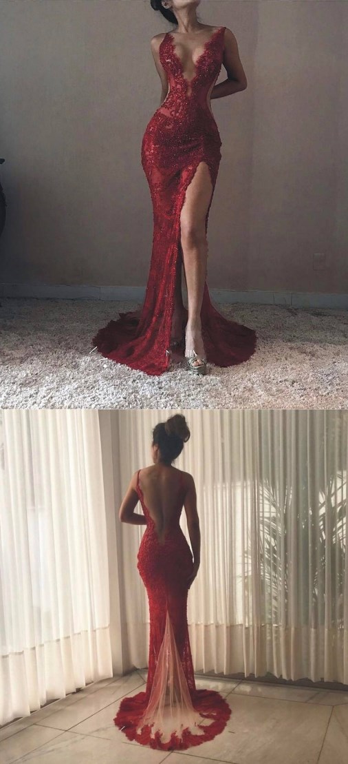 Sexy Sheath Deep V-neckline Slit Wine Red Lace Prom Dress