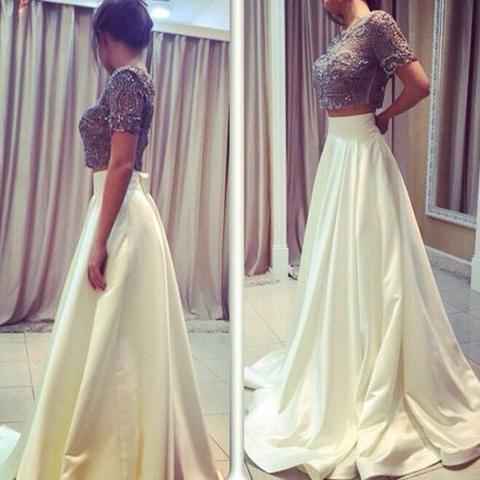 2 Pieces Short Sleeves Beaded Top Ivory Long Prom Dresses