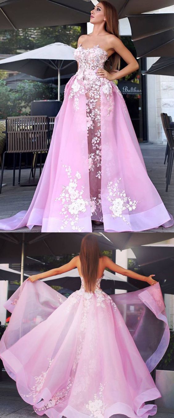 A-line Strapless Sweep Brush Train Sleeveless Organza Prom Dress Evening Dress