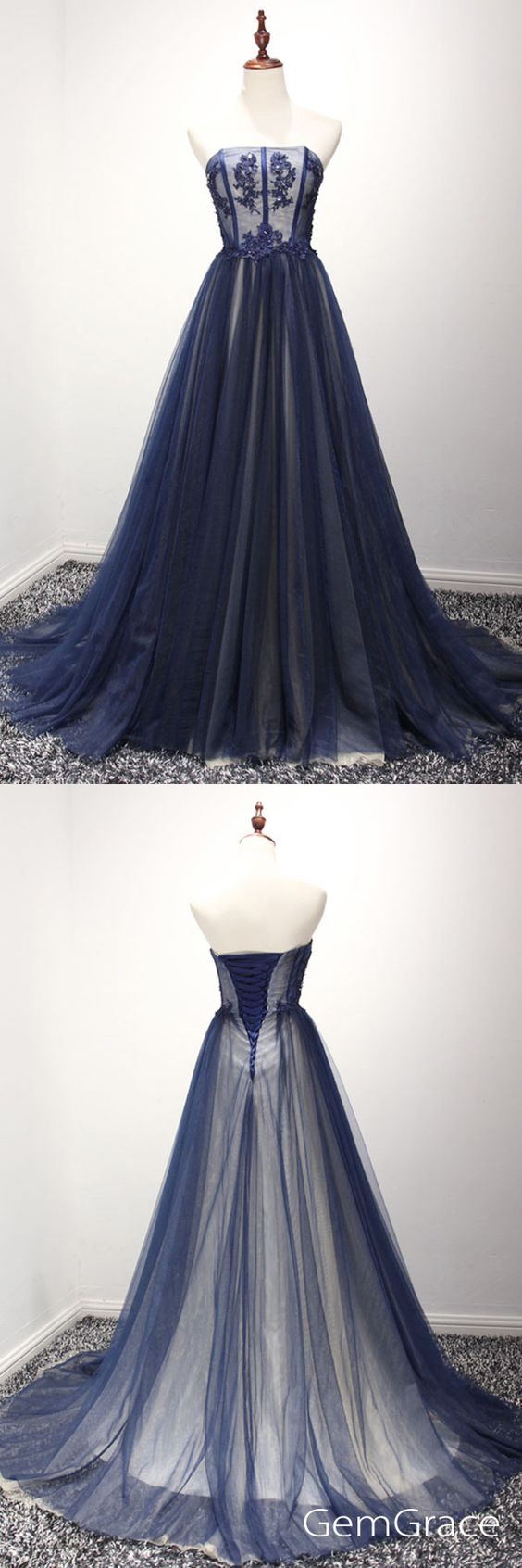 Strapless Navy Blue Tulle A-line Long Evening Dress With Appliques And Beads