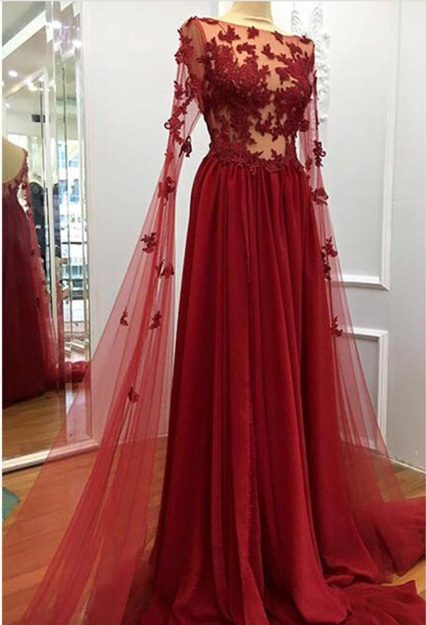 Burgundy Prom Dress,long Formal Dress,lace Appliques Evening Dresses,elegant Prom Dresses