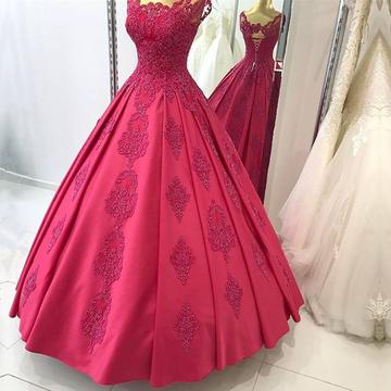 Lovely Lace Appliques Cap Sleeves Ball Gown Prom Dresses Floor Length