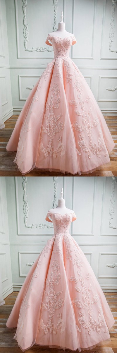 Spring Pink Tulle Sweetheart Neckline Long Off Shoulder Evening Dress, Long Formal Prom Gown