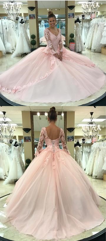 Pink Lace Appliques Ball Gowns Quinceanera Dresses Long Sleeves