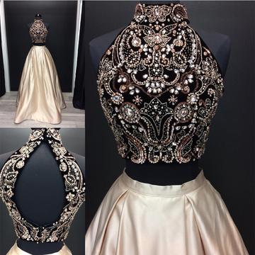 Crystal Beaded High Neck Open Back Prom Dresses Two Piece Satin Gowns