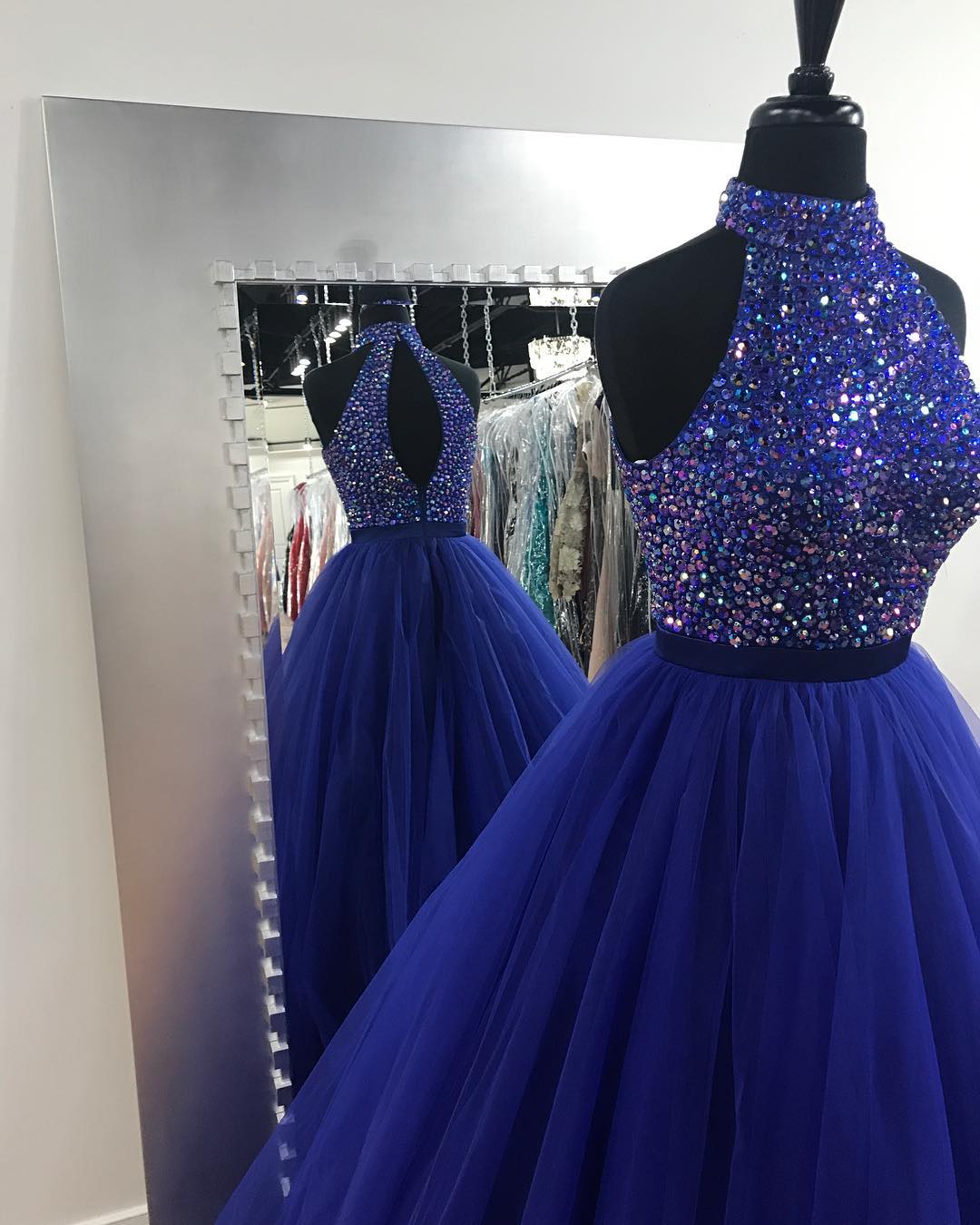 Royal Blue Tulle High Neck Prom Ball Gown Dresses With Crystals Beaded Bodice