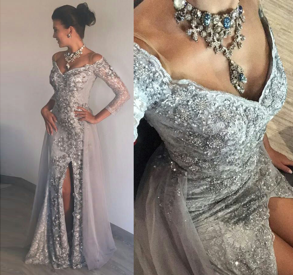 Stunning Silver Slit Mermaid Long Evening Dresses With Long Sleeves 2018