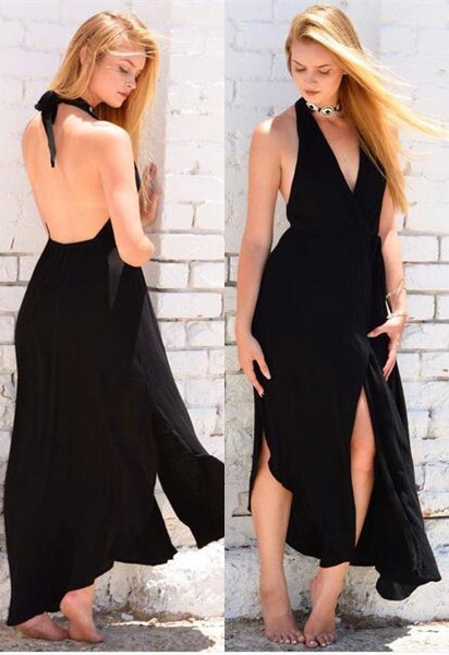 Sexy Black Backless Prom Dresses Deep V Neck Cheap Formal Women Evening Party Dress