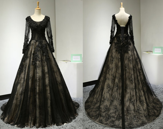 Black Lace Long Sleeve Backless Long Prom Dresses