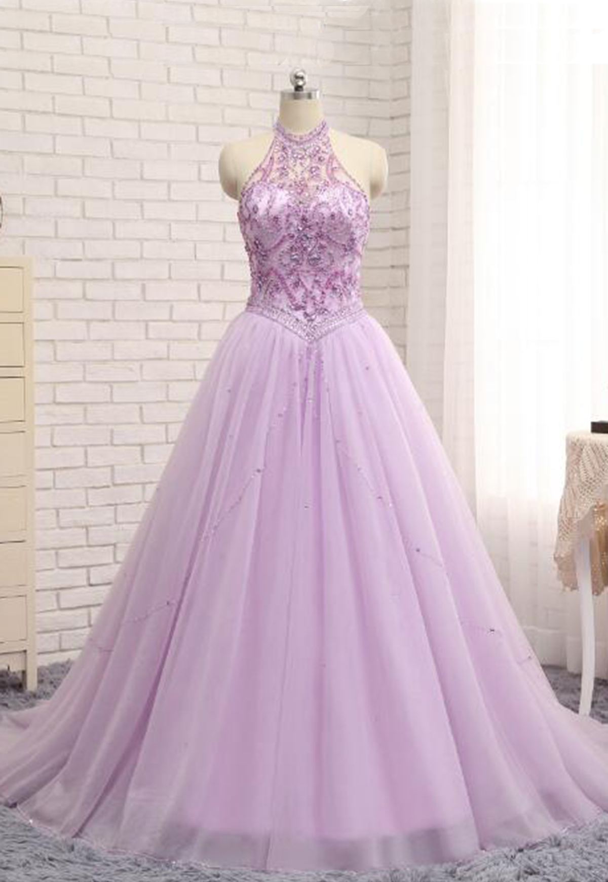 Princess Lavender Tulle Crystal Long Halter Prom Dress, Beading Long Evening Dresses