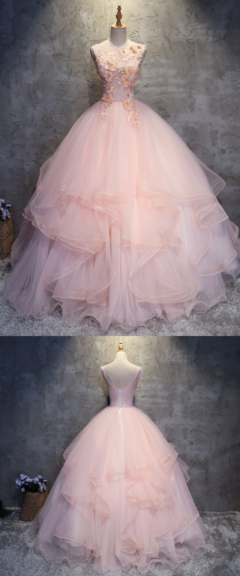 Pink Tulle Puffy O Neck Long Prom Gown With Lace Appliques