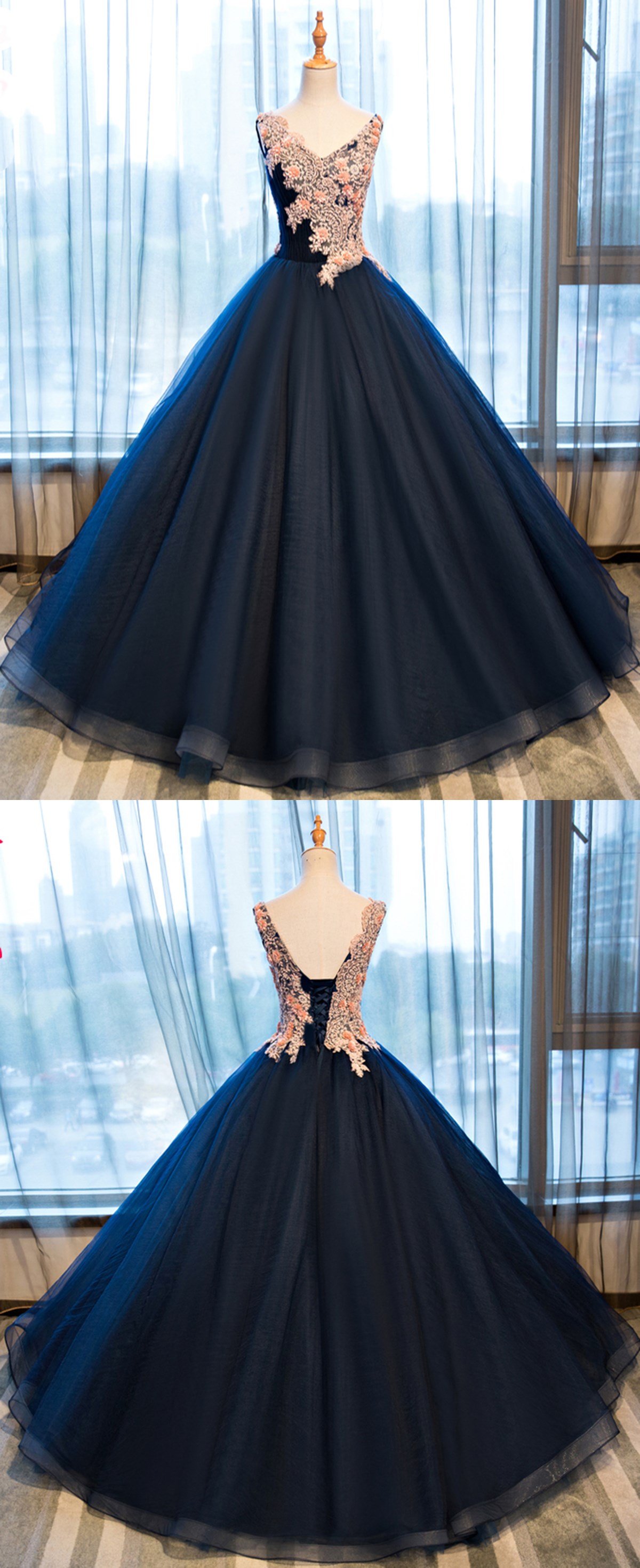 Unique Navy Blue Tulle Long V Neck Customize Halter Evening Dress