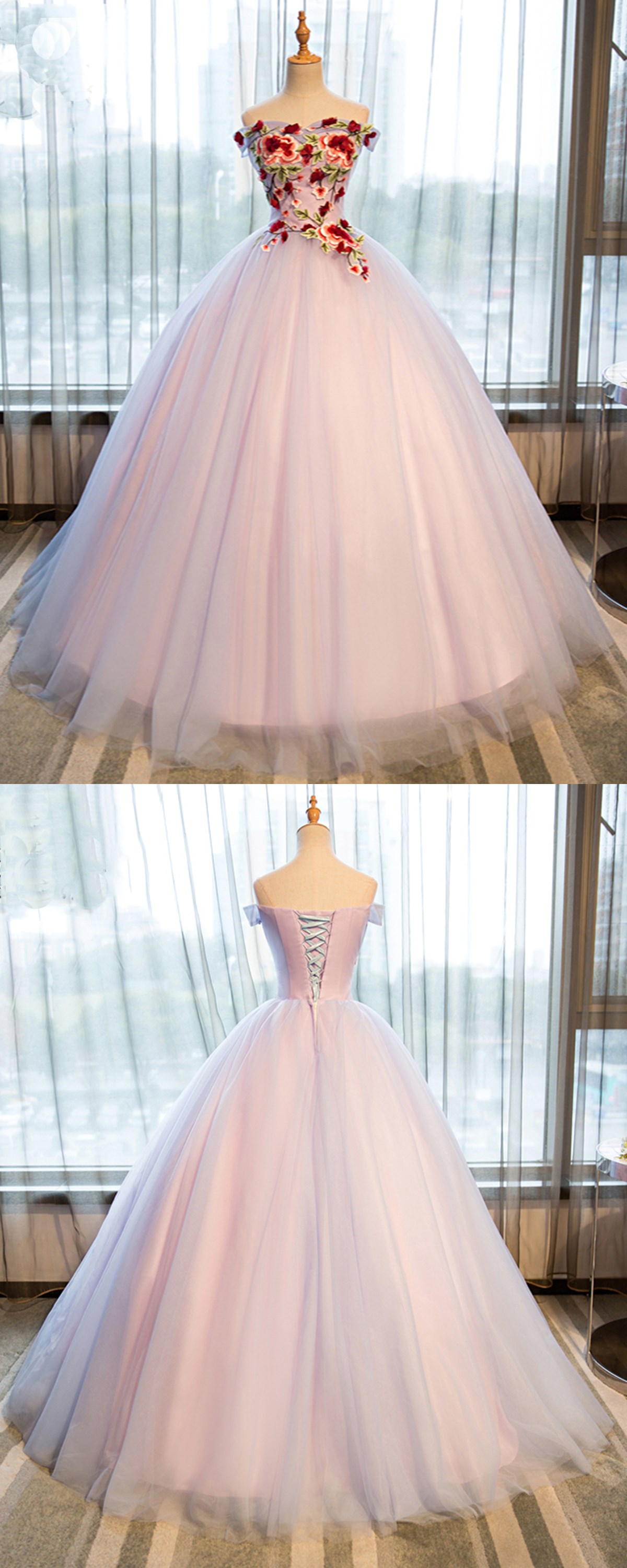 2018 Princess Strapless Off Shoulder Flower Long Tulle Prom Gown, Formal Evening Dress