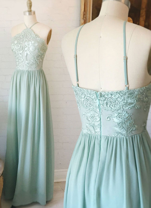 Green A-line Lace Long Prom Dress, Lace Chiffon Long Bridesmaid Dress