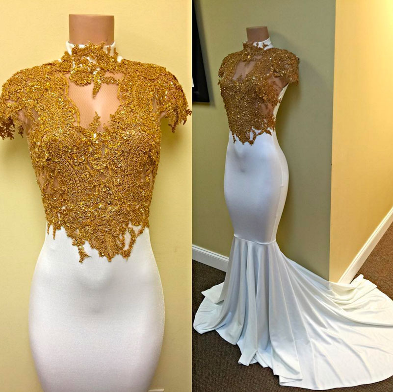 Unique Gold Lace Spandex Mermaid Long Prom Dress, Mermaid Evening Dress