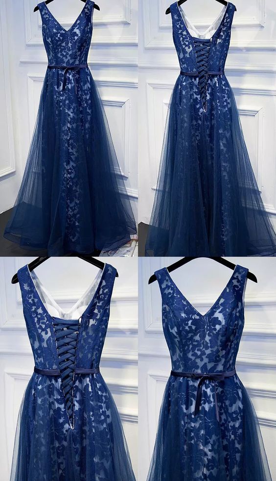 A-line V-neck Long Dark Blue Tulle Prom Dress With Sash Lace