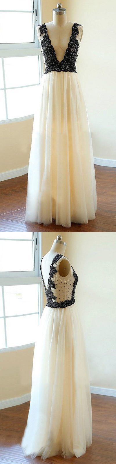 Delicate A-line Ivory Prom Dress - Deep V-neck Backless Floor Length Beading