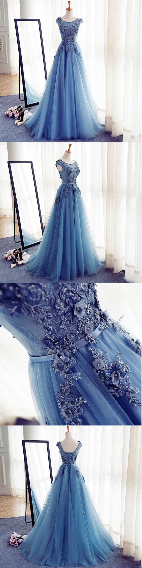 Cap Sleeve Blue Lace Beaded Evening A Line Prom Dresses, Long Sexy Party Prom Dress, Custom Long Prom Dresses, Formal Prom Dresses