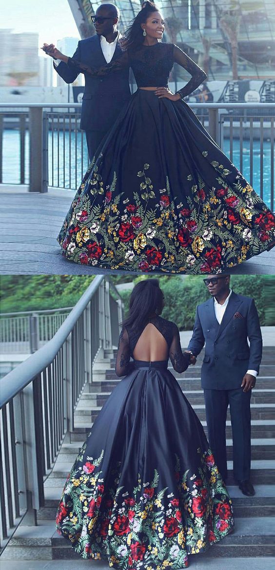Two Piece Round Neck Long SLeeves Black Floral Satin Prom Dress with Lace