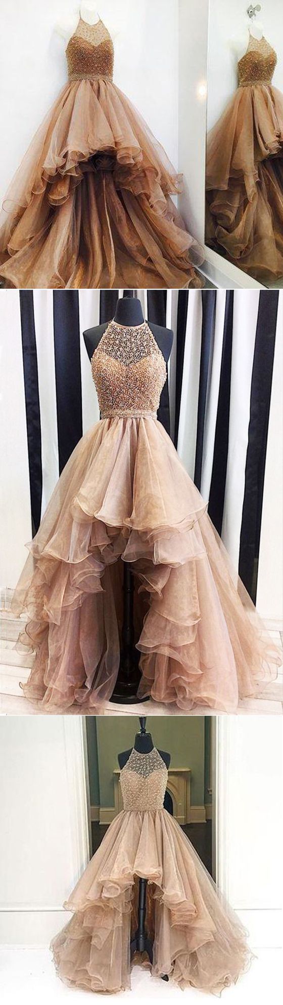 Beaded Halter High-Low Swing Dress main image 1