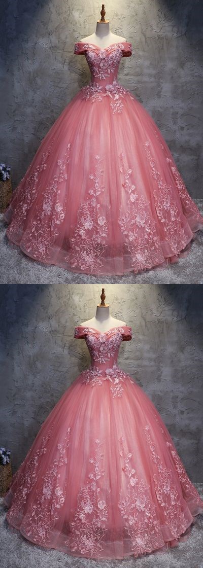 Off Shoulder Pink Tulle Long Handmade Evening Dress, Long Ball Gown