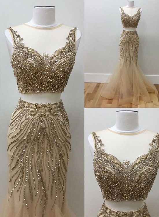 Sexy Two Piece Tulle Champagne Mermaid Beaded Prom Dress Evening Dress For Women
