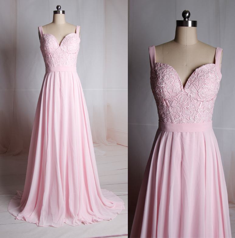 Charming Prom Dress,pink Chiffon Prom Dresses,elegant Lace Evening Dress,spaghetti Straps