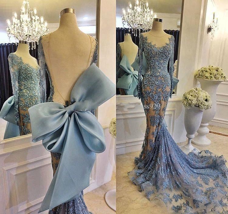 Sexy Sheer Lace Prom Dresses With Long Sleeve Backless Bow Knot Court Train Formal Party Dress