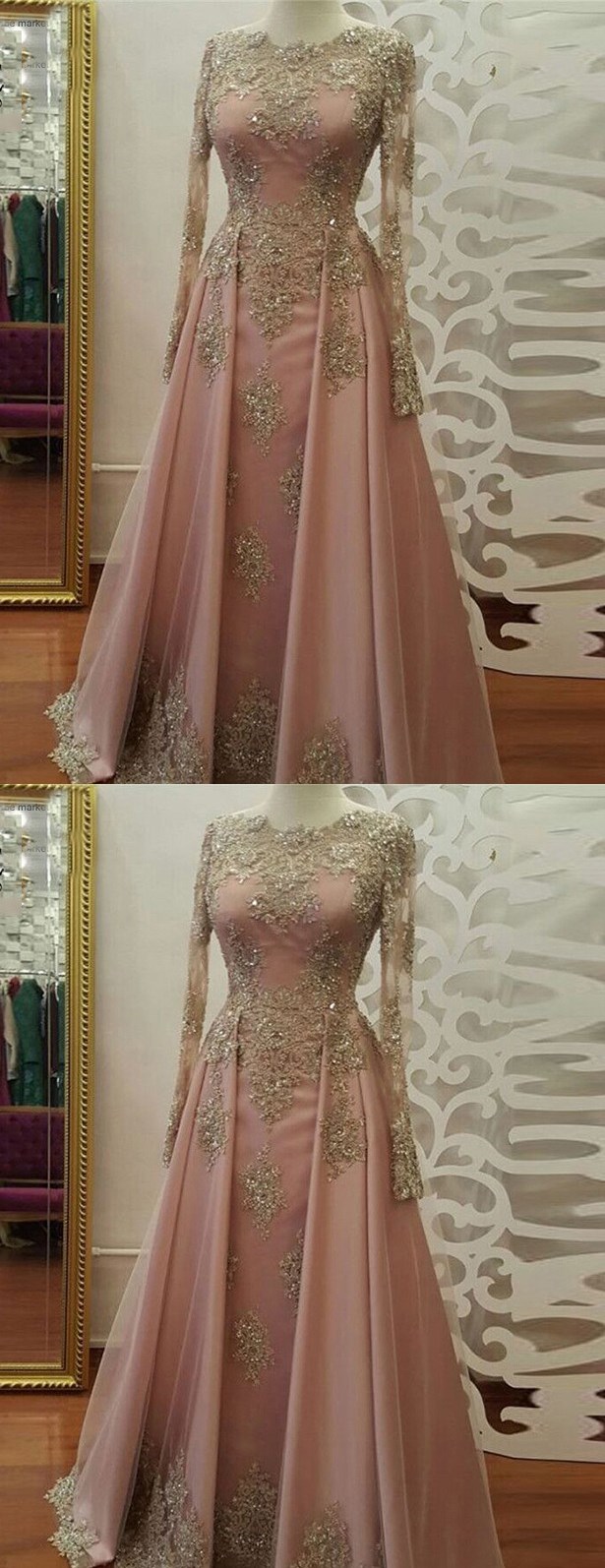 Long Sleeve Evening Dress, Long Prom Dresses With Gold Lace, Beadings Floor Length Satin Formal Party Gowns, Lace Evening Dresses