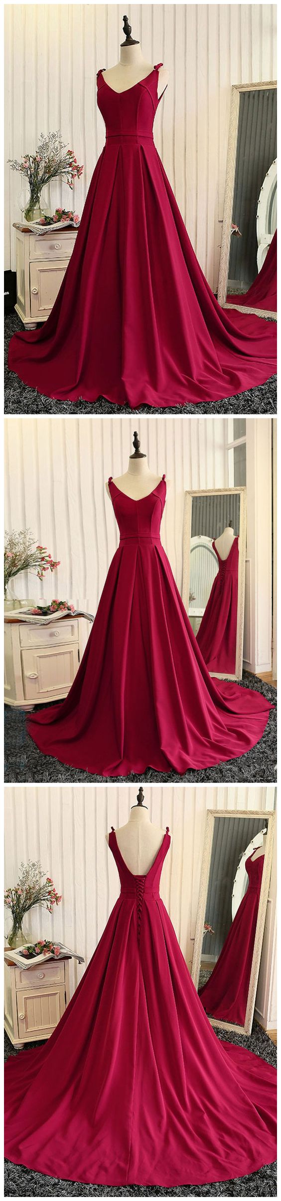 Simple Red Prom Dress V-neck Satin Evening Gown