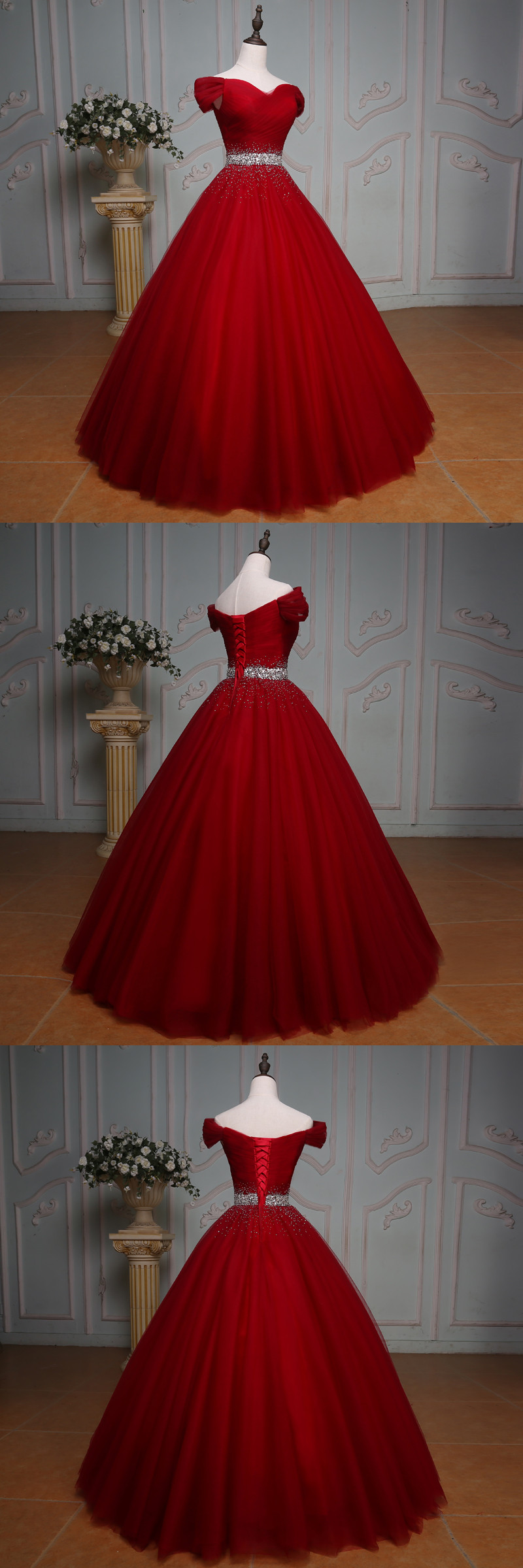 Red Ball Gown Sweetheart Cap Sleeves Tulle Elegant Evening Dress