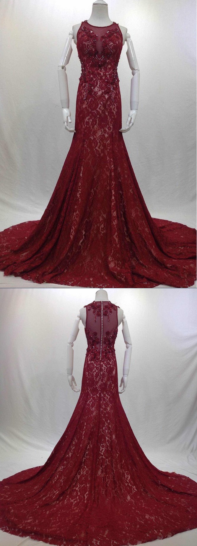 Fashionable Beading Prom Dress,red Evening Dresses Real Photos Long Elegant Sexy Party Lace Chapel Train Prom Dresses