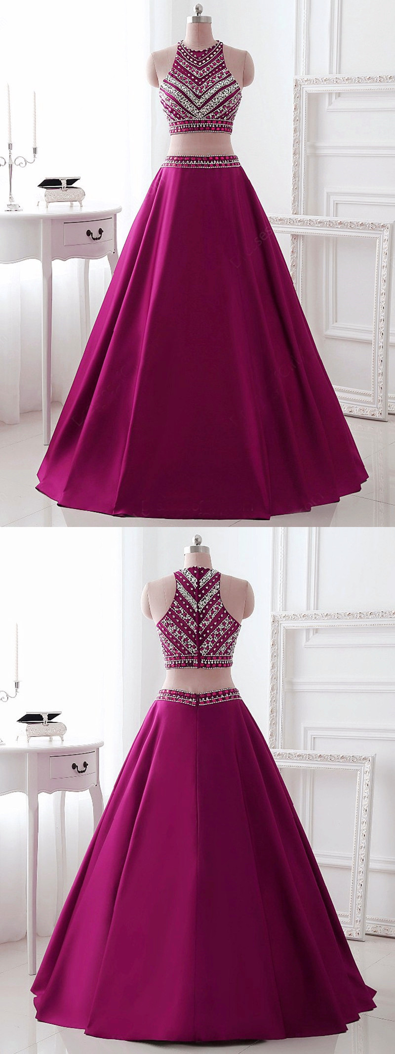 Red Prom Dress Two Piece Beaded Top Satin Prom on Luulla