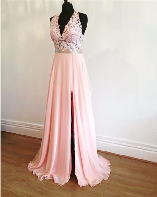 Elegant Lace Halter Pink Chiffon Prom Dresses With Slit 2017 Design