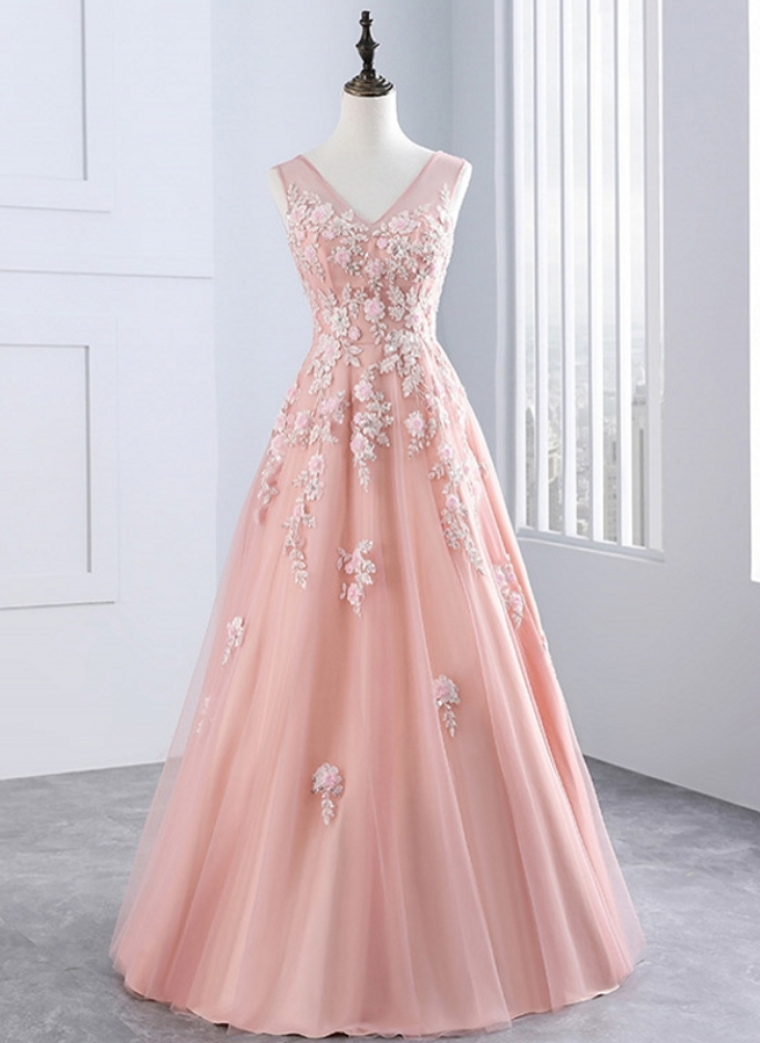 Pink Long Evening Dresses Party Tulle Appliques A Line Women Beautiful Prom Formal Evening Gown Dress For Wedding