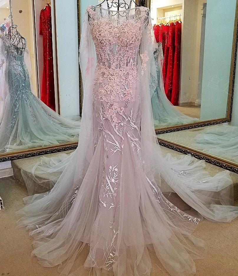 Prom Dresses Long Grey Lace Up Back Beaded Lace Mermaid Party Formal Dress
