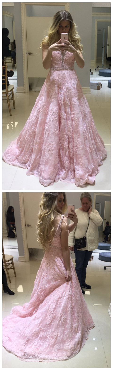 Charming Prom Dress, Pink V Neck Pink Lace Long Prom Dresses