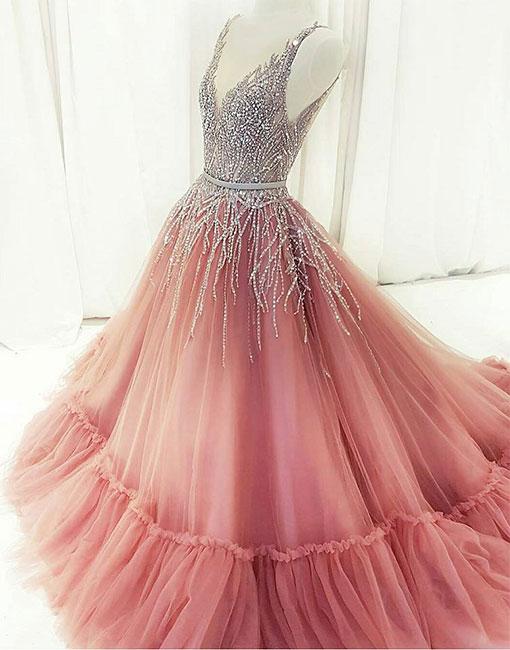 Unique A-line V-neck Pink Tulle Long Prom Evening Dress With Beading