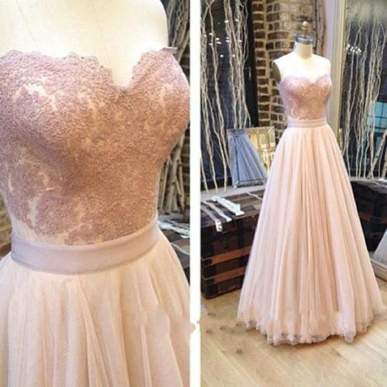 Blush Pink Sweetheart Neck A-line Lace And Tulle Floor Length Prom Dress, Bridesmaid Dress