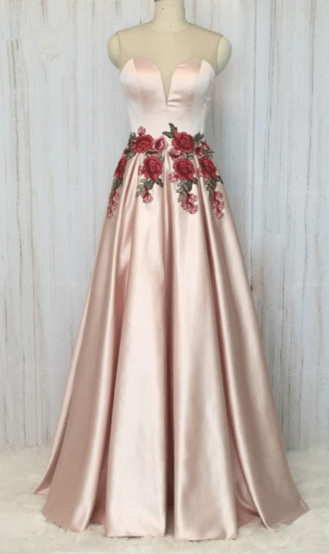 Embroidery Lace Prom Dresses Long Pink Elegant Prom Gown Girl Dresses