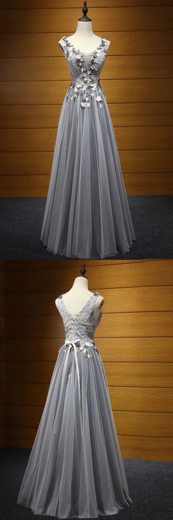 Fashion Grey Prom Dress 3d Flowers Tulle Elegant Evening Dress