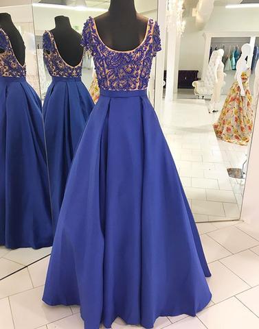 Blue Round Neck Beads Long Prom Dress, Blue Evening Dress